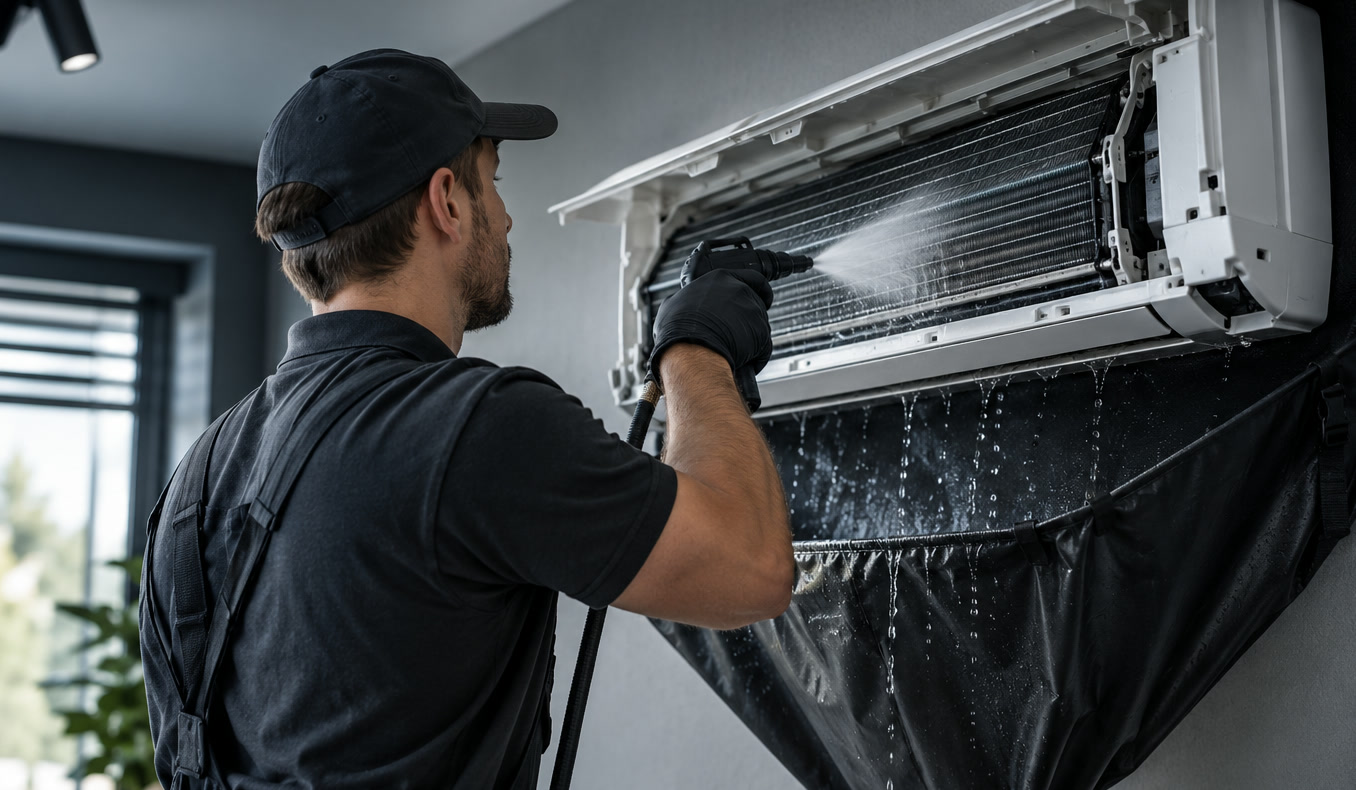 Technik czyszczący jednostkę zewnętrzną klimatyzacji na elewacji domu